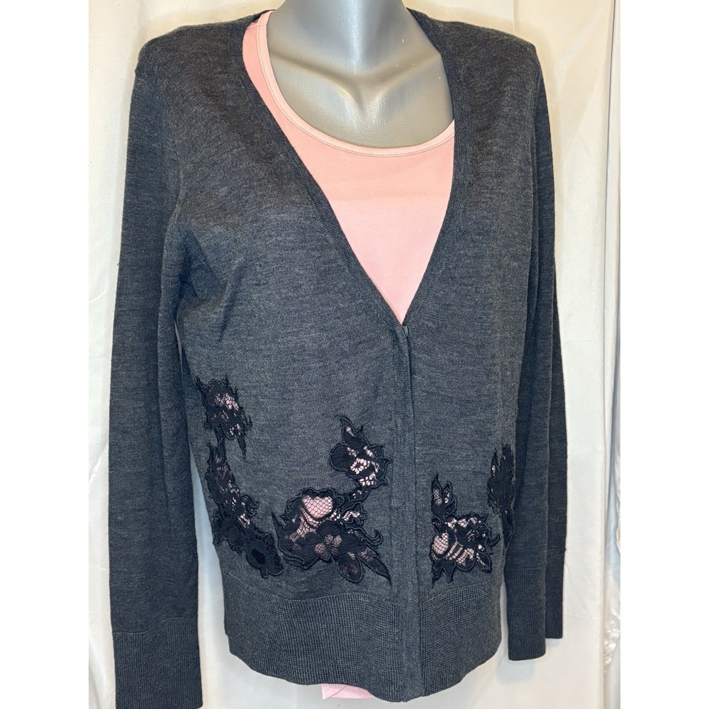 Ann Taylor LOFT Grey Black Lace Design  Cardigan Sweater Sz XL  Classic Preppy